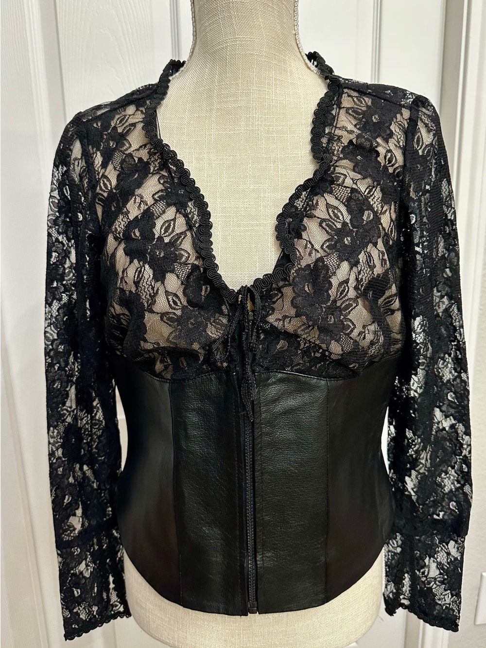 Ladie’s Leather and Lace Peplum Zippered Long Sleeve Fitted Motorcycle Wear